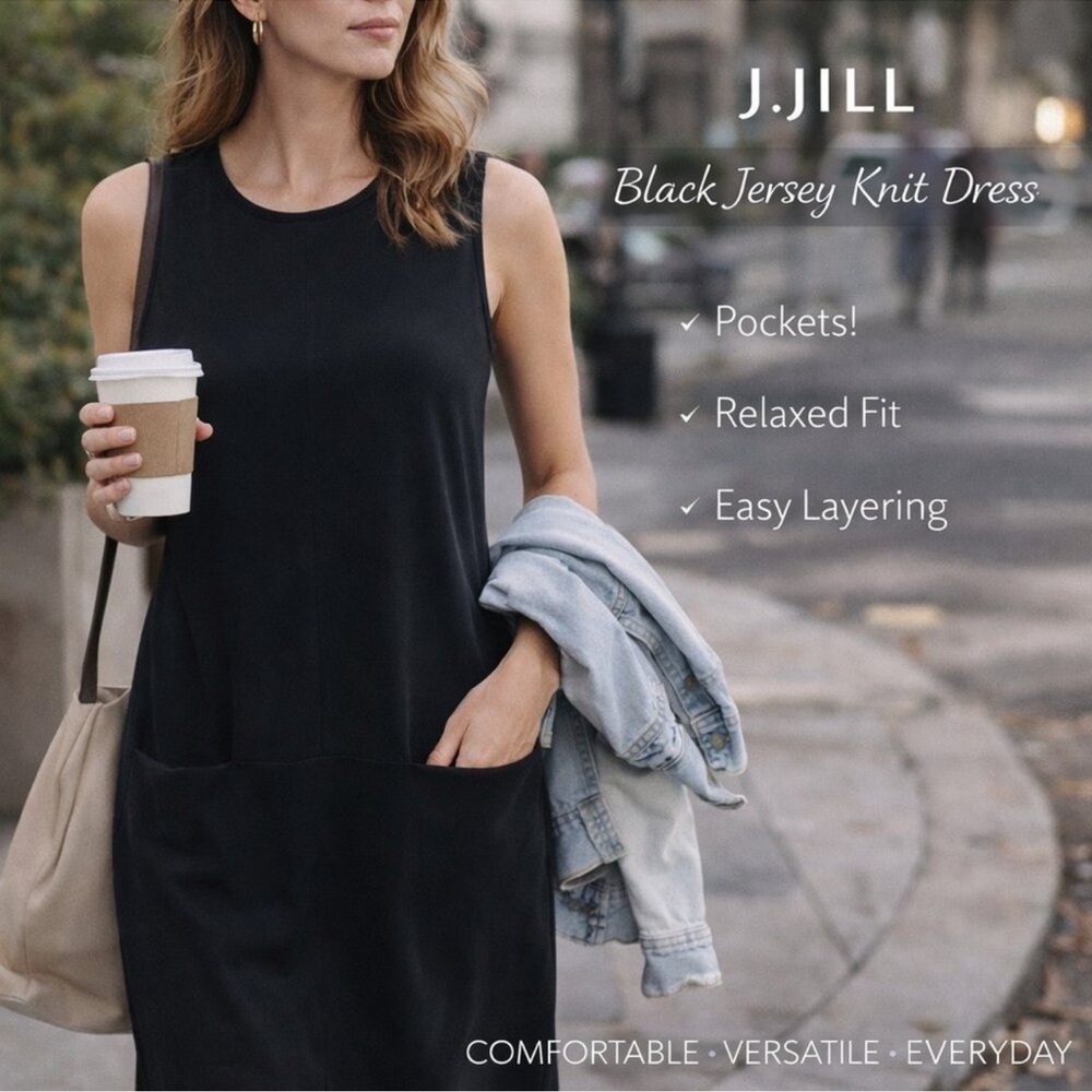 J. JILL Black Stretch Jersey Knit Pockets Tank Sleeveless Dress Women’s Medium